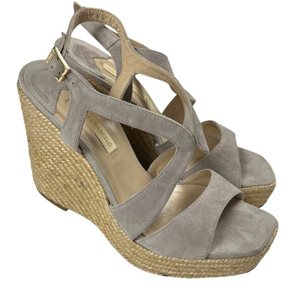 Paloma Barcelo Gray Suede Strappy Wedge Sandals 5”  Heel 1” Platform Size 40 - Picture 1 of 12